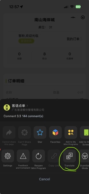 The three-dot menu opened to reveal the Translate option