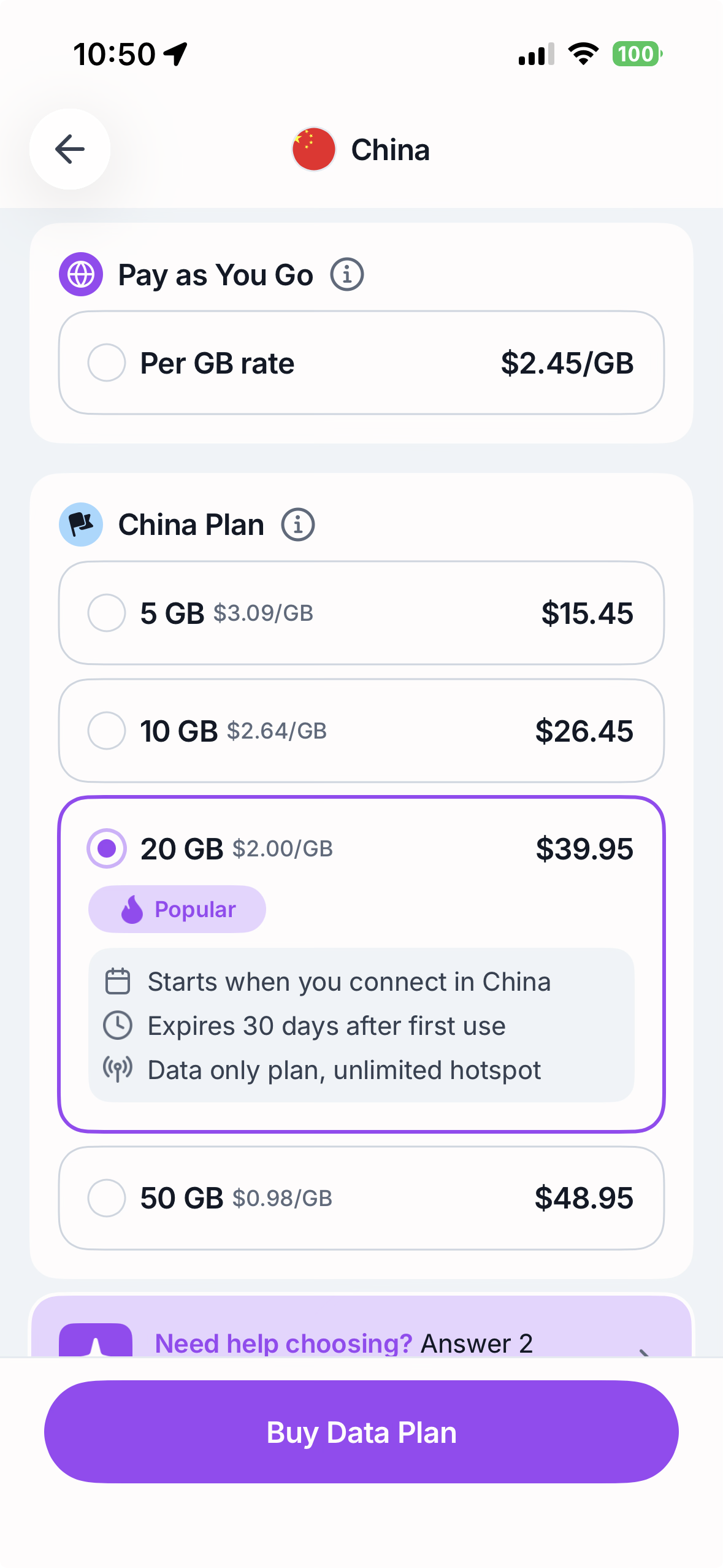 Roamless China data plans and pay-as-you-go rate