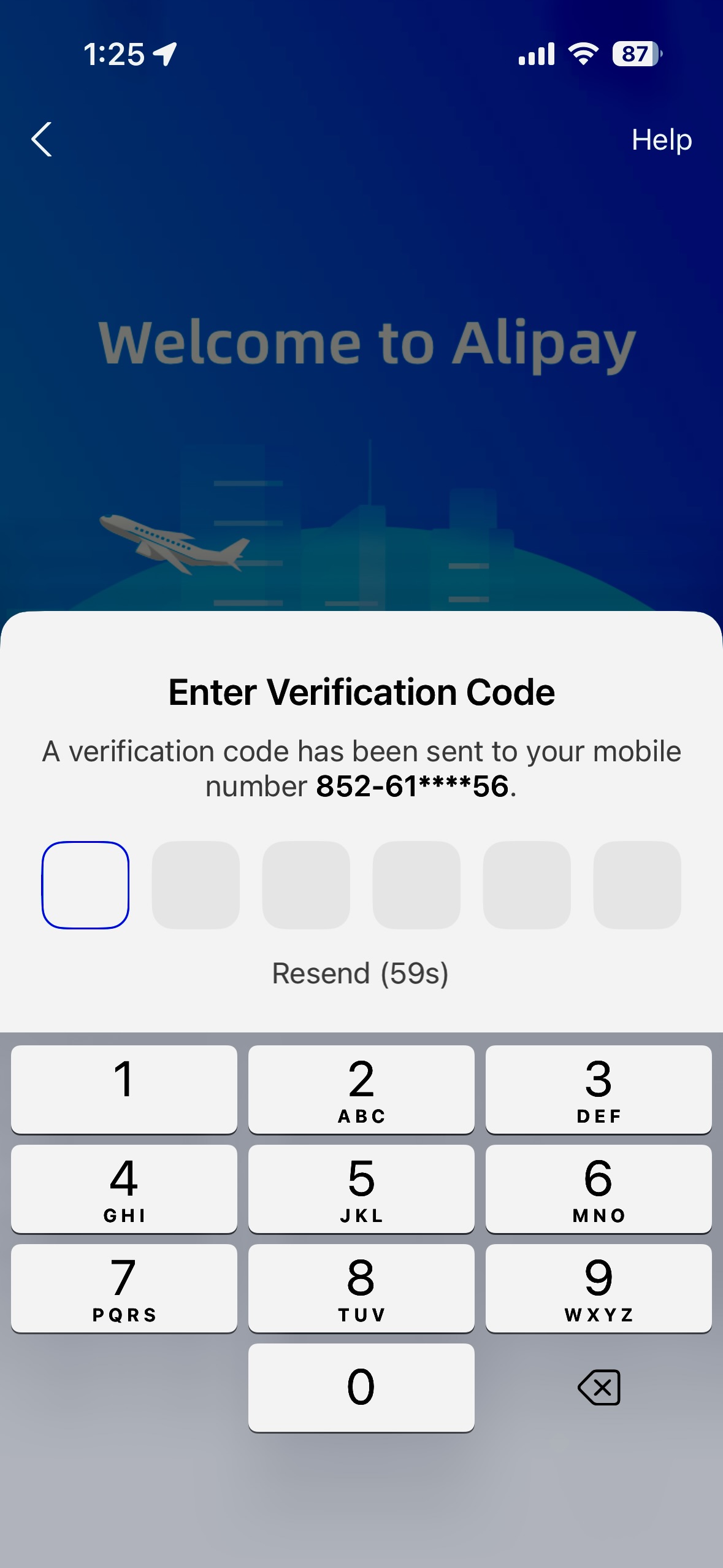 Alipay SMS verification code entry