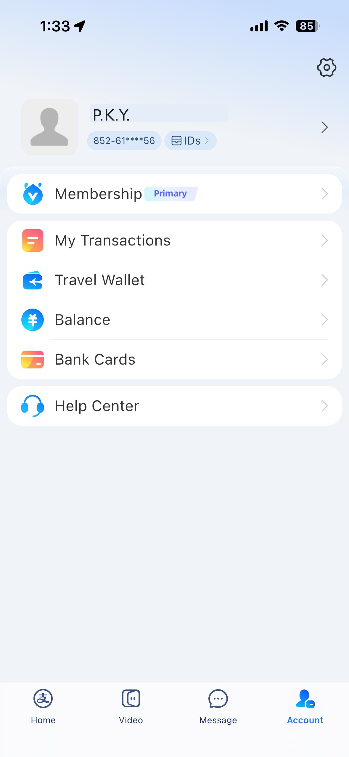 Alipay Account tab home screen showing Bank Cards row and name chevron