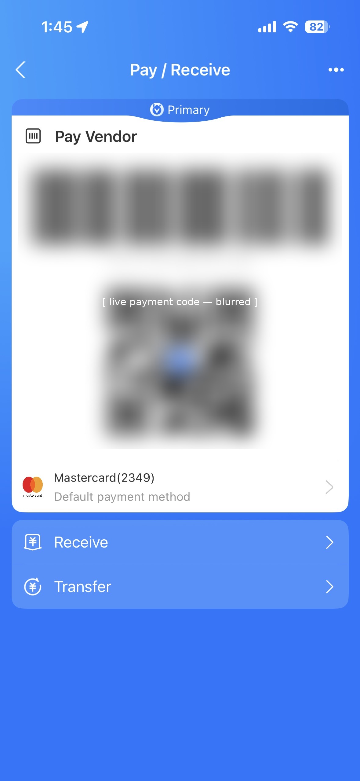 Alipay Pay/Receive screen showing default card selection