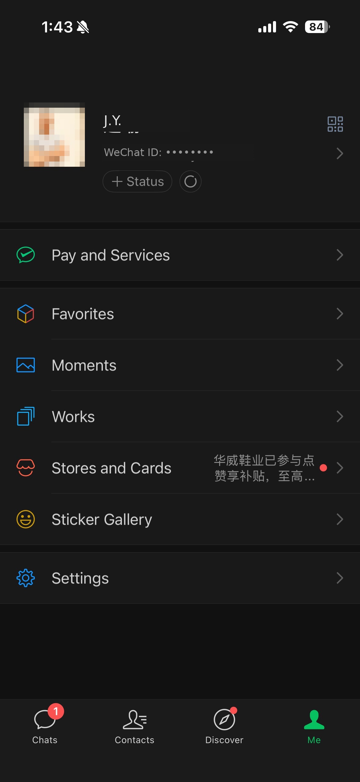WeChat Me tab showing Pay and Services