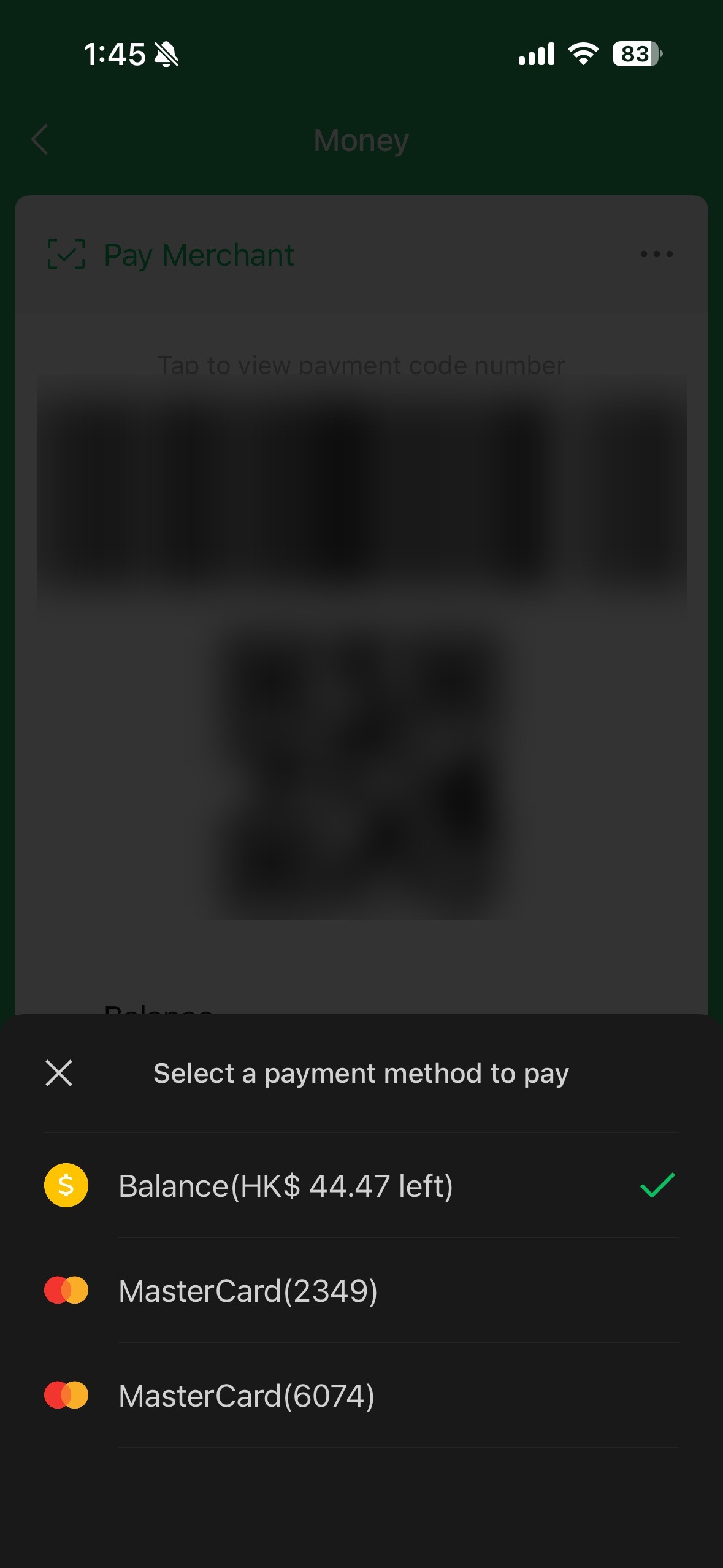 WeChat payment method selector showing Balance and linked cards